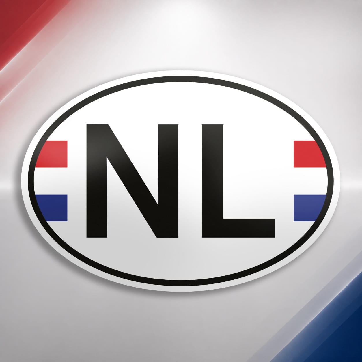 Ovale witte NL sticker met zwarte letters en rood-wit-blauwe vlagdetails