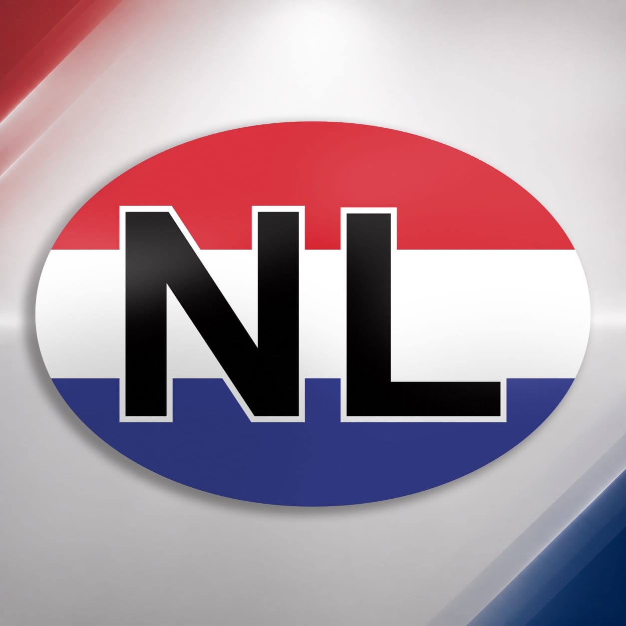 Ovale rood-wit-blauwe NL sticker met zwarte letters